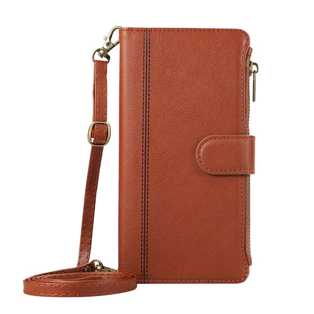 For Samsung Galaxy A57 5G Case Multi Card Slots Zipper Leather Phone Cover with Shoulder Strap  /  Wrist Strap - Brown