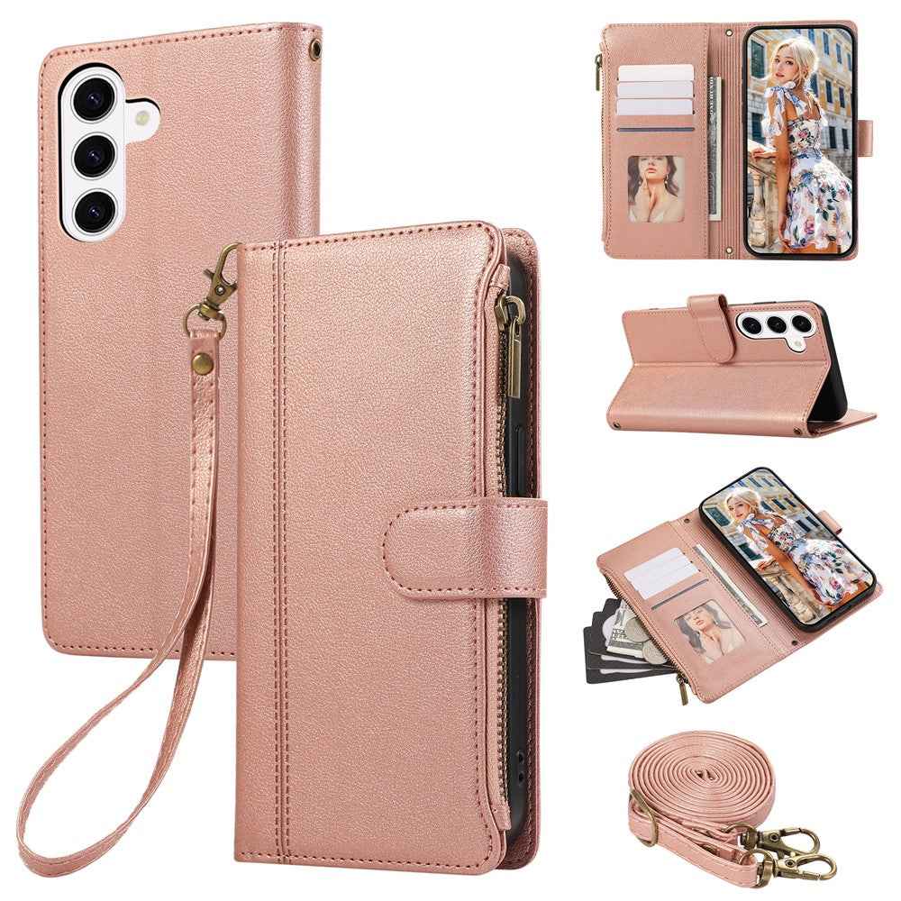 For Samsung Galaxy A57 5G Case Multi Card Slots Zipper Leather Phone Cover with Shoulder Strap  /  Wrist Strap - Rose Gold