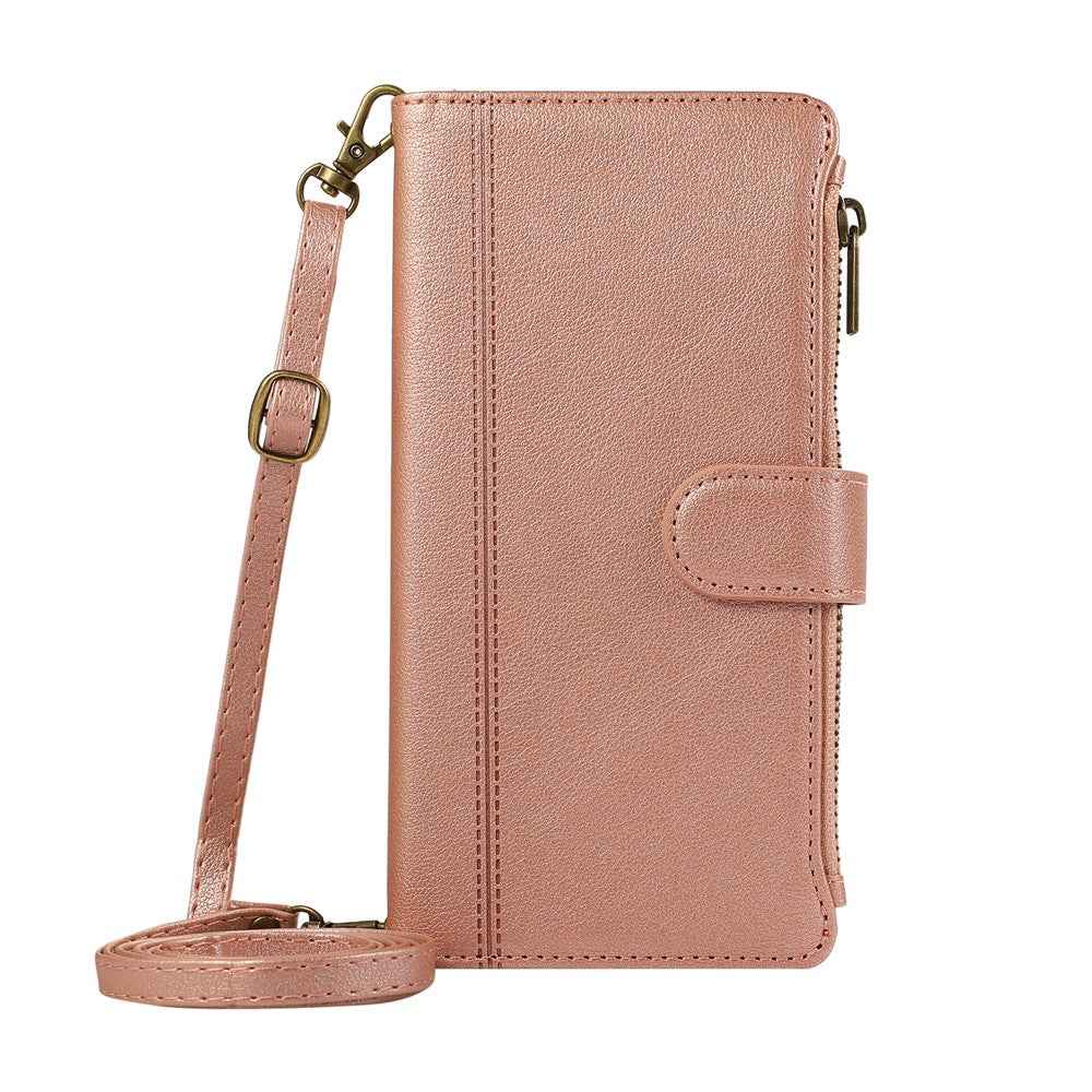 For Samsung Galaxy A57 5G Case Multi Card Slots Zipper Leather Phone Cover with Shoulder Strap  /  Wrist Strap - Rose Gold