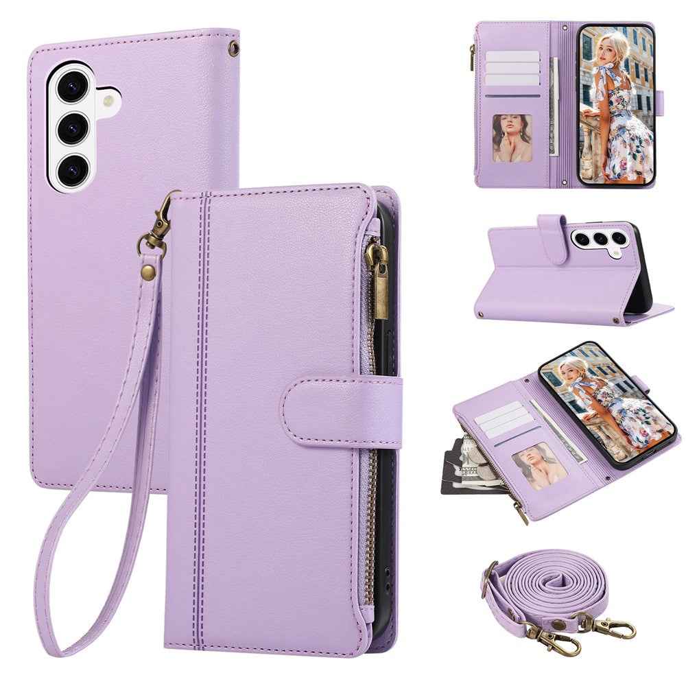 For Samsung Galaxy A57 5G Case Multi Card Slots Zipper Leather Phone Cover with Shoulder Strap  /  Wrist Strap - Purple
