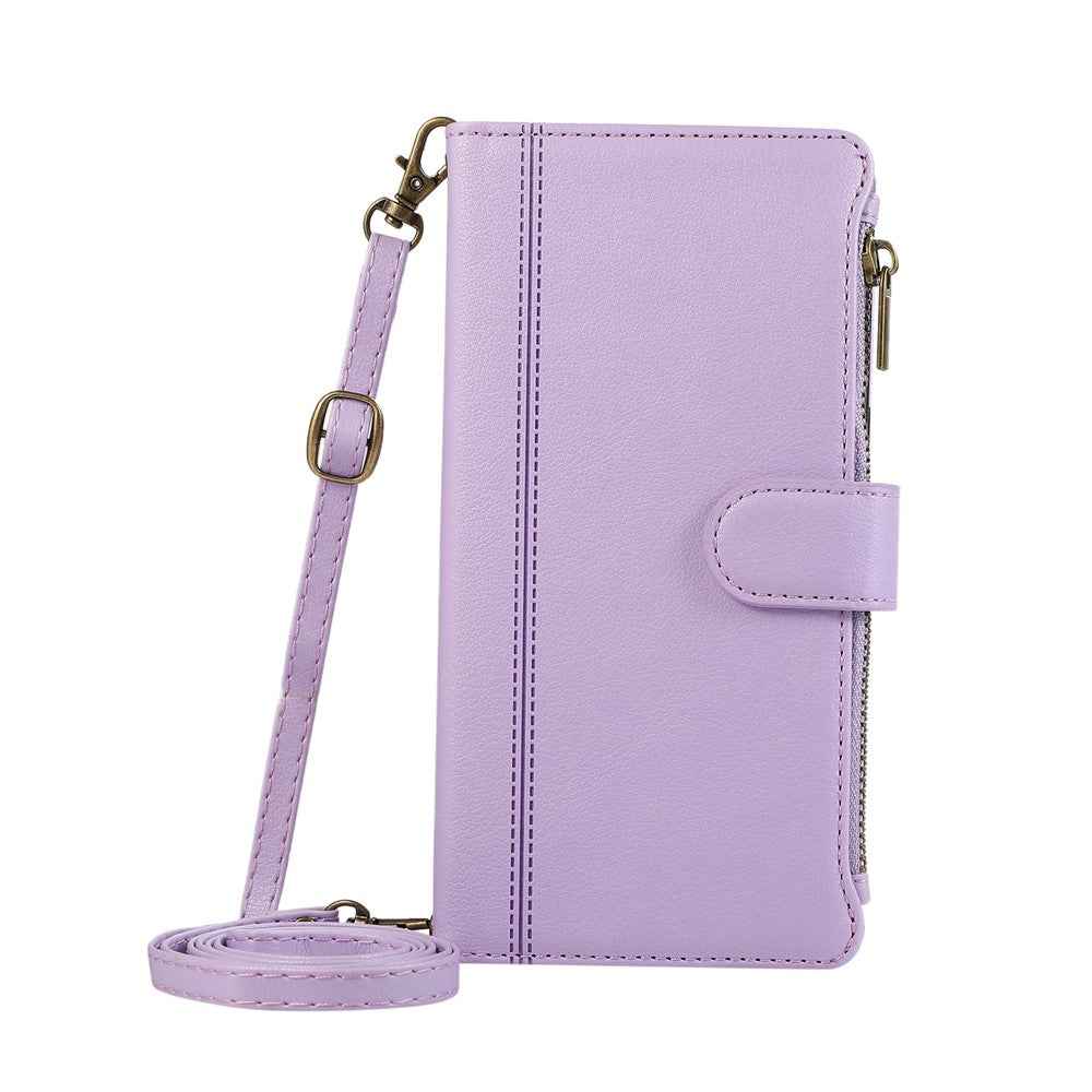 For Samsung Galaxy A57 5G Case Multi Card Slots Zipper Leather Phone Cover with Shoulder Strap  /  Wrist Strap - Purple