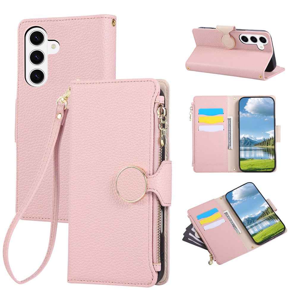 For Samsung Galaxy A57 5G Case Zipper Wallet Leather Phone Cover with Wrist Strap - Pink