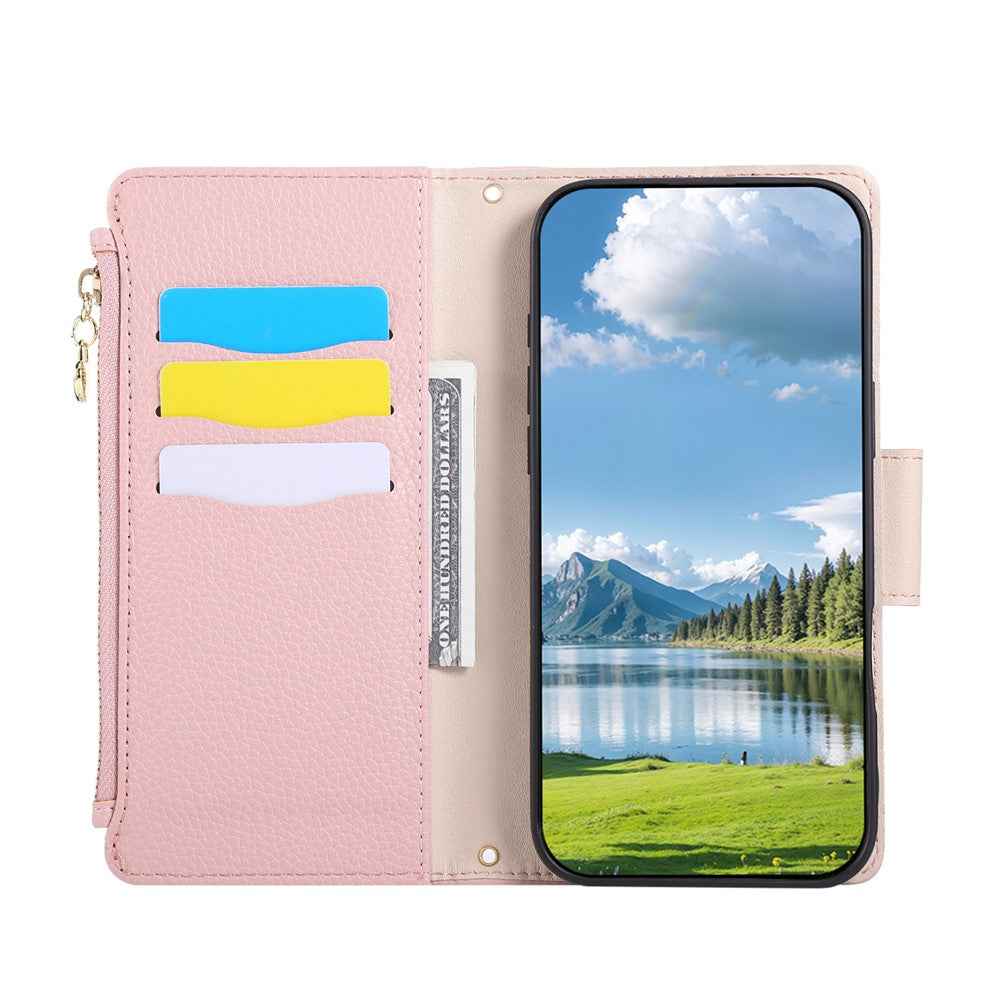 For Samsung Galaxy A57 5G Case Zipper Wallet Leather Phone Cover with Wrist Strap - Pink