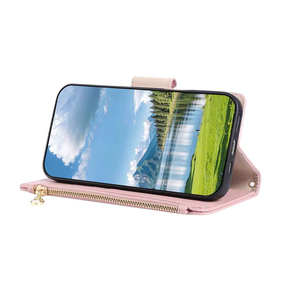 For Samsung Galaxy A57 5G Case Zipper Wallet Leather Phone Cover with Wrist Strap - Pink