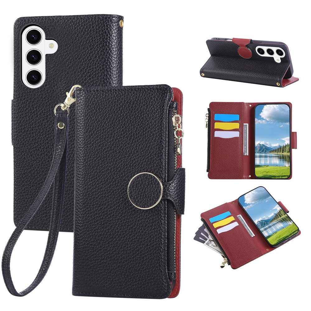 For Samsung Galaxy A57 5G Case Zipper Wallet Leather Phone Cover with Wrist Strap - Black