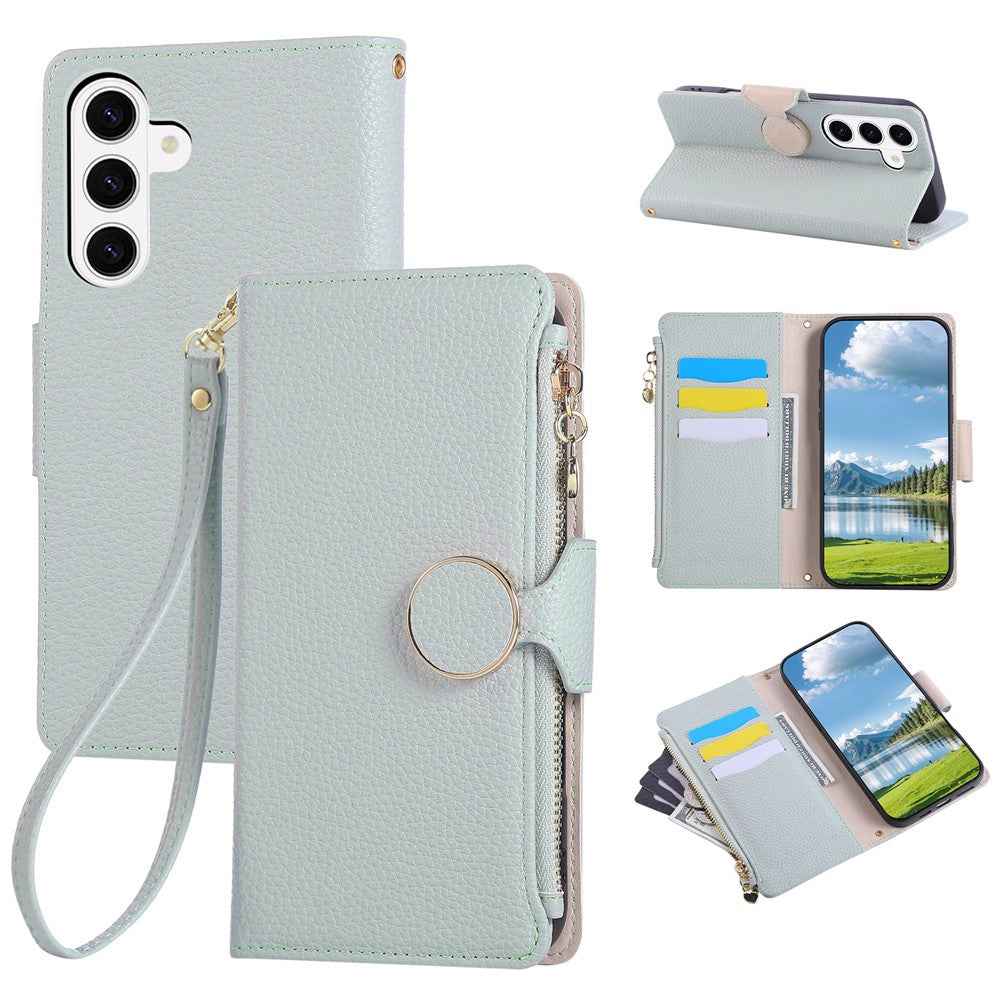 For Samsung Galaxy A57 5G Case Zipper Wallet Leather Phone Cover with Wrist Strap - Cyan