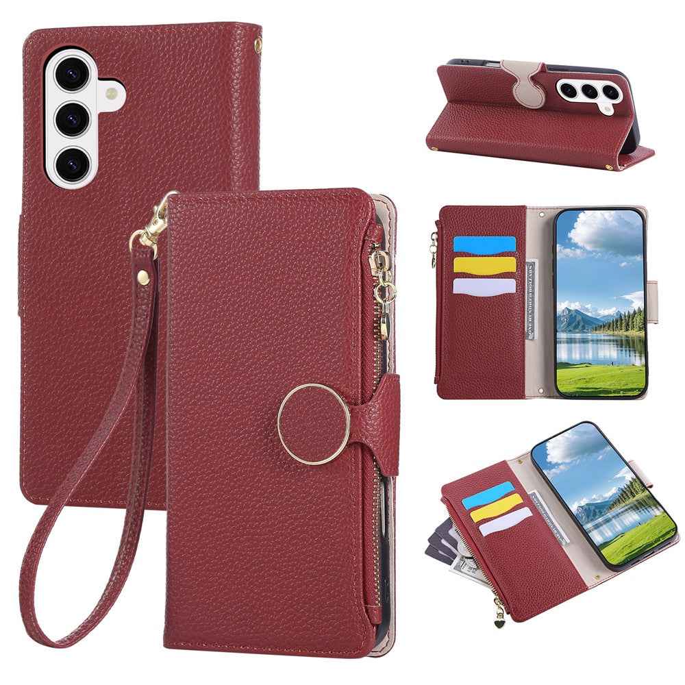 For Samsung Galaxy A57 5G Case Zipper Wallet Leather Phone Cover with Wrist Strap - Wine Red