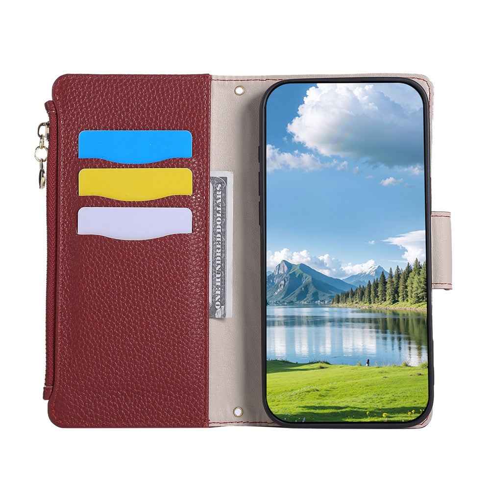 For Samsung Galaxy A57 5G Case Zipper Wallet Leather Phone Cover with Wrist Strap - Wine Red
