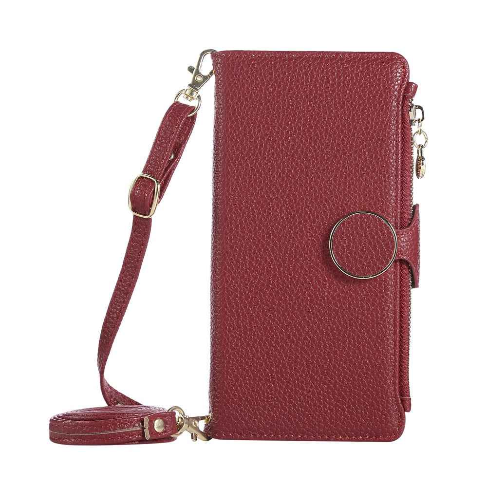 For Samsung Galaxy A57 5G Case Zipper Wallet Leather Phone Cover with Wrist Strap - Wine Red