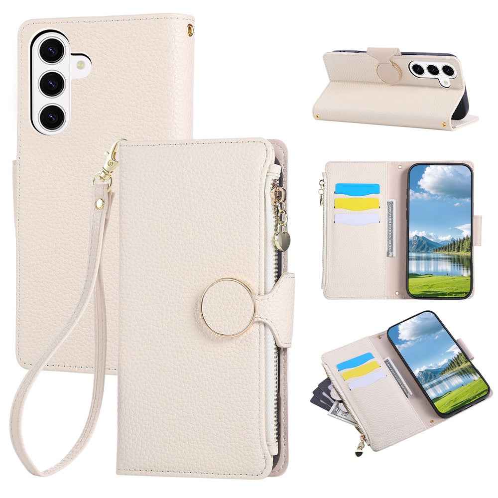 For Samsung Galaxy A57 5G Case Zipper Wallet Leather Phone Cover with Wrist Strap - Beige