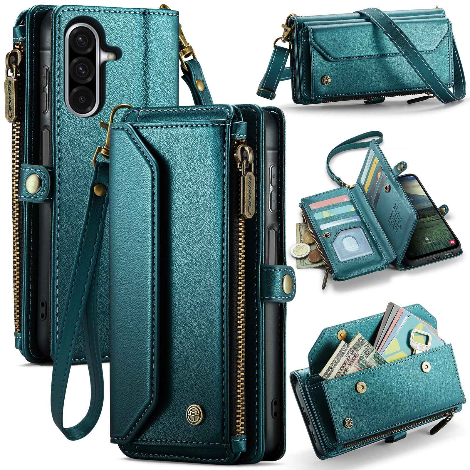 For Samsung Galaxy A57 5G Leather Case CASEME C36 Zipper 10 Card Slots Phone Cover with Straps - Green