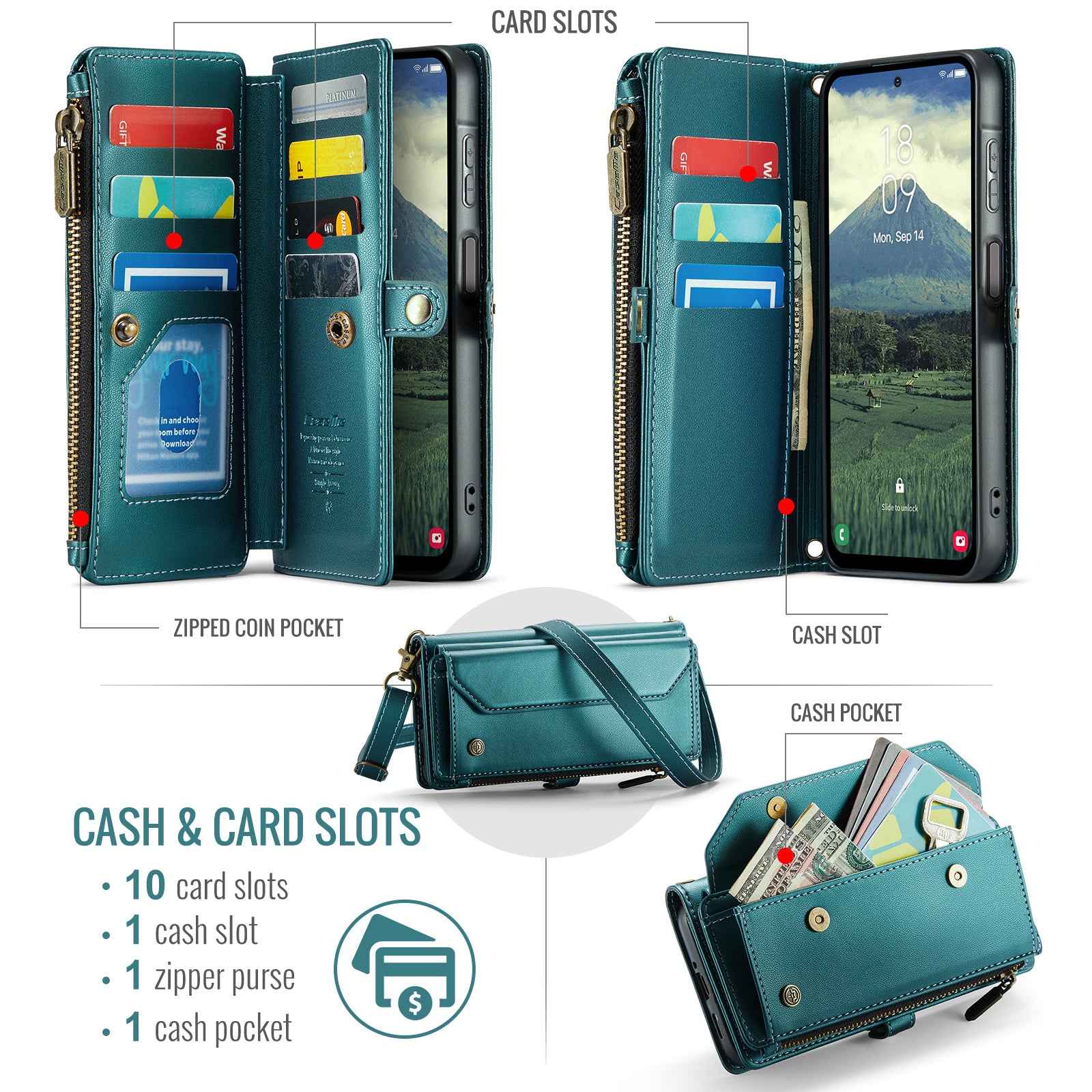 For Samsung Galaxy A57 5G Leather Case CASEME C36 Zipper 10 Card Slots Phone Cover with Straps - Green