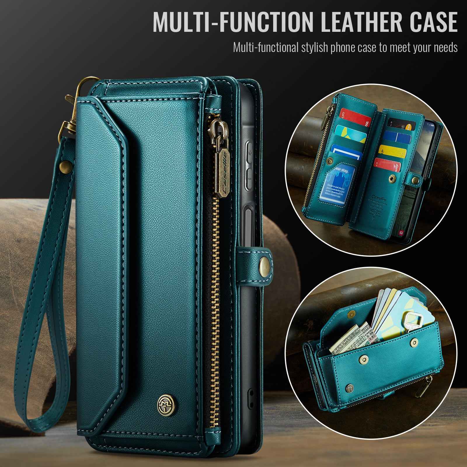 For Samsung Galaxy A57 5G Leather Case CASEME C36 Zipper 10 Card Slots Phone Cover with Straps - Green