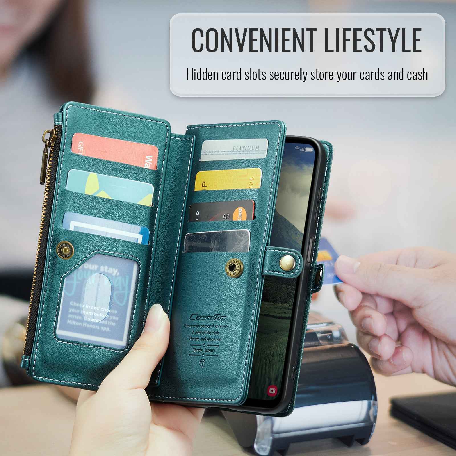 For Samsung Galaxy A57 5G Leather Case CASEME C36 Zipper 10 Card Slots Phone Cover with Straps - Green