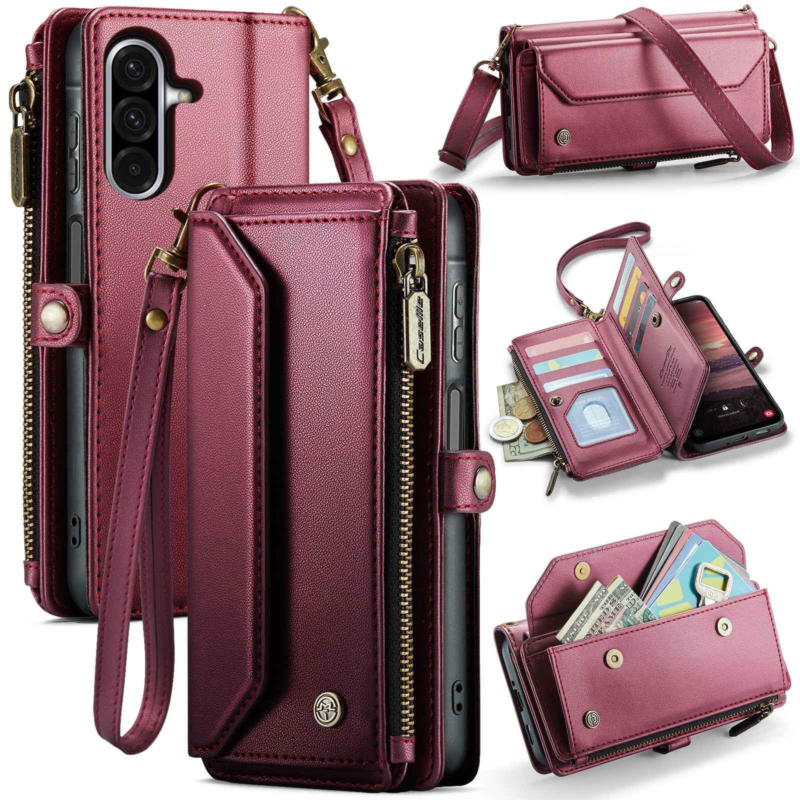 For Samsung Galaxy A57 5G Leather Case CASEME C36 Zipper 10 Card Slots Phone Cover with Straps - Red