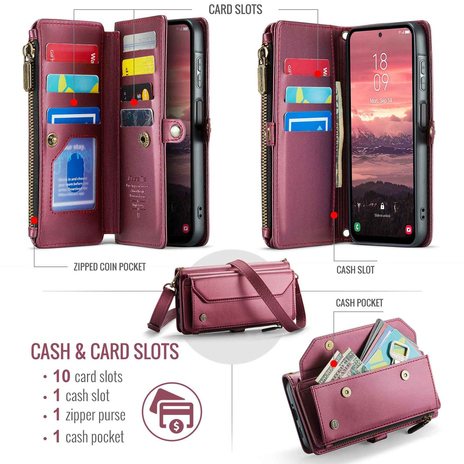 For Samsung Galaxy A57 5G Leather Case CASEME C36 Zipper 10 Card Slots Phone Cover with Straps - Red