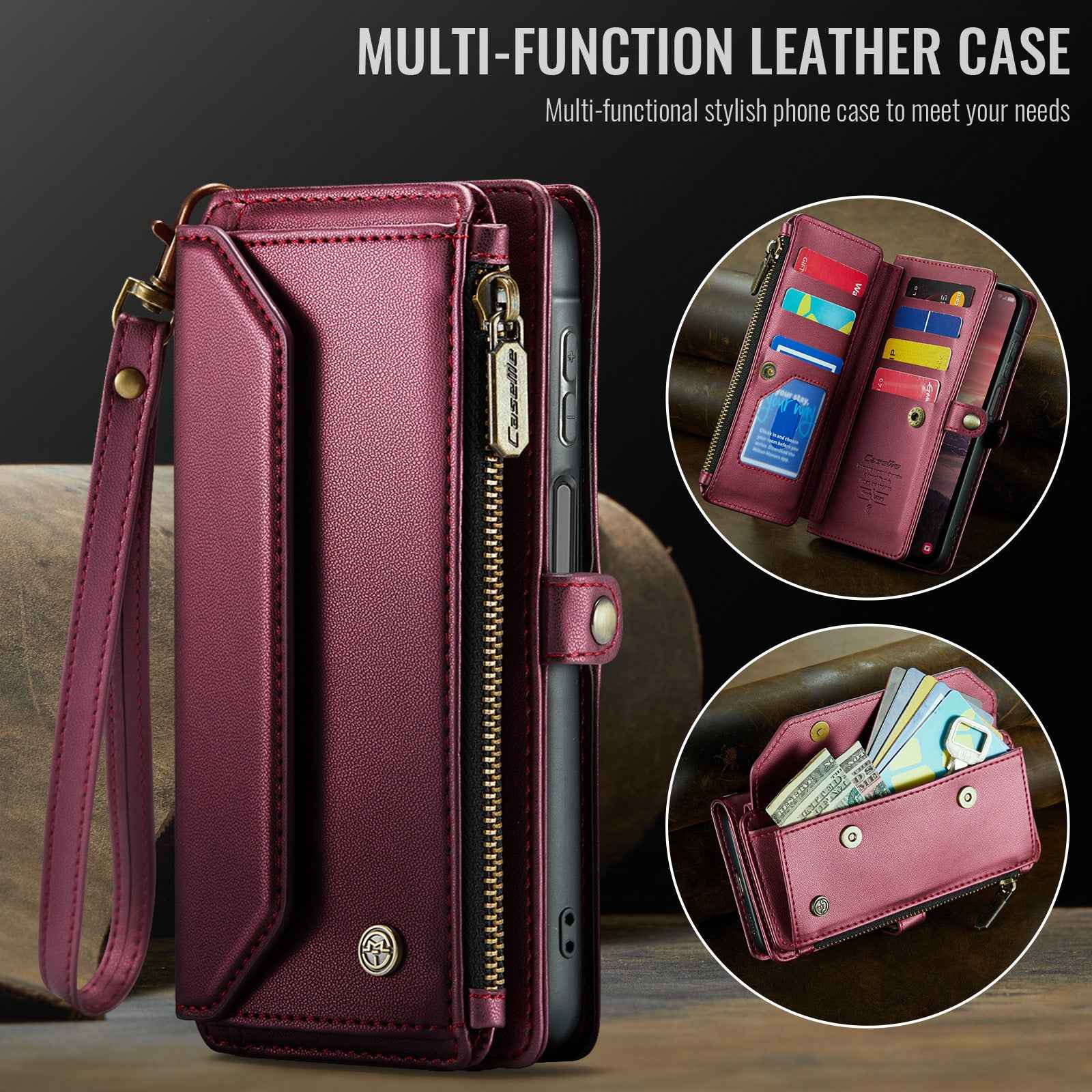 For Samsung Galaxy A57 5G Leather Case CASEME C36 Zipper 10 Card Slots Phone Cover with Straps - Red
