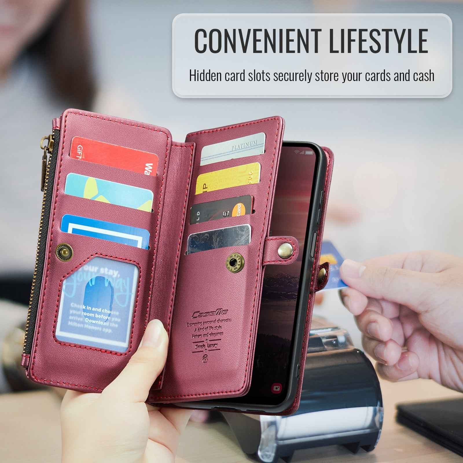 For Samsung Galaxy A57 5G Leather Case CASEME C36 Zipper 10 Card Slots Phone Cover with Straps - Red