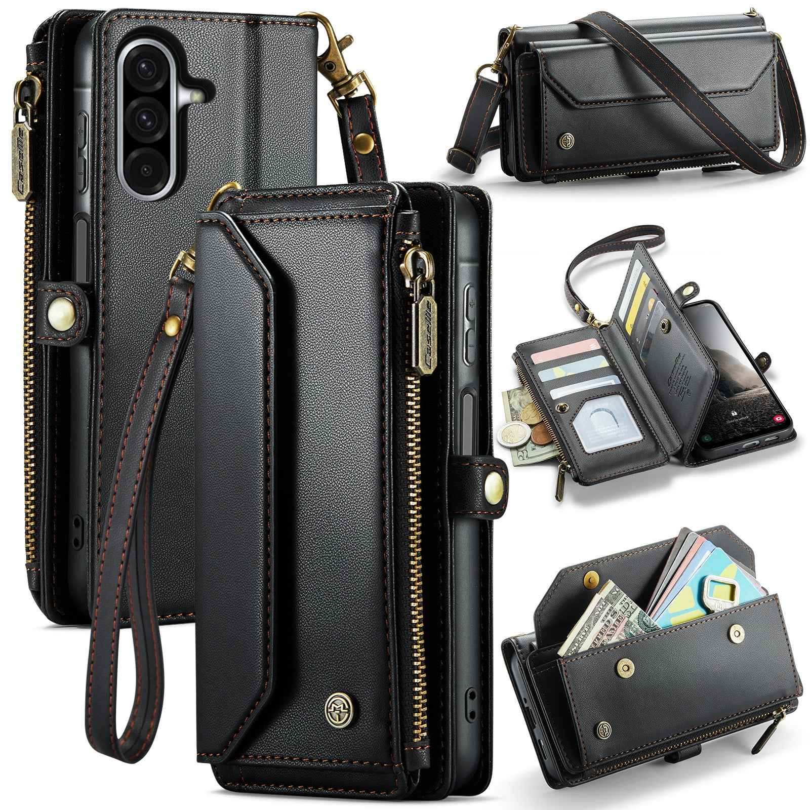 For Samsung Galaxy A57 5G Leather Case CASEME C36 Zipper 10 Card Slots Phone Cover with Straps - Black