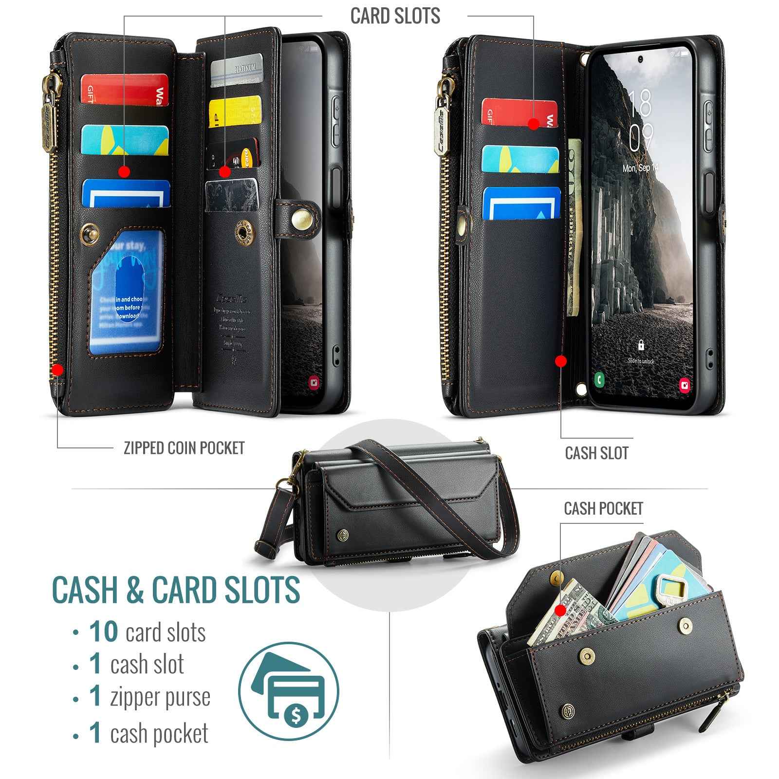 For Samsung Galaxy A57 5G Leather Case CASEME C36 Zipper 10 Card Slots Phone Cover with Straps - Black