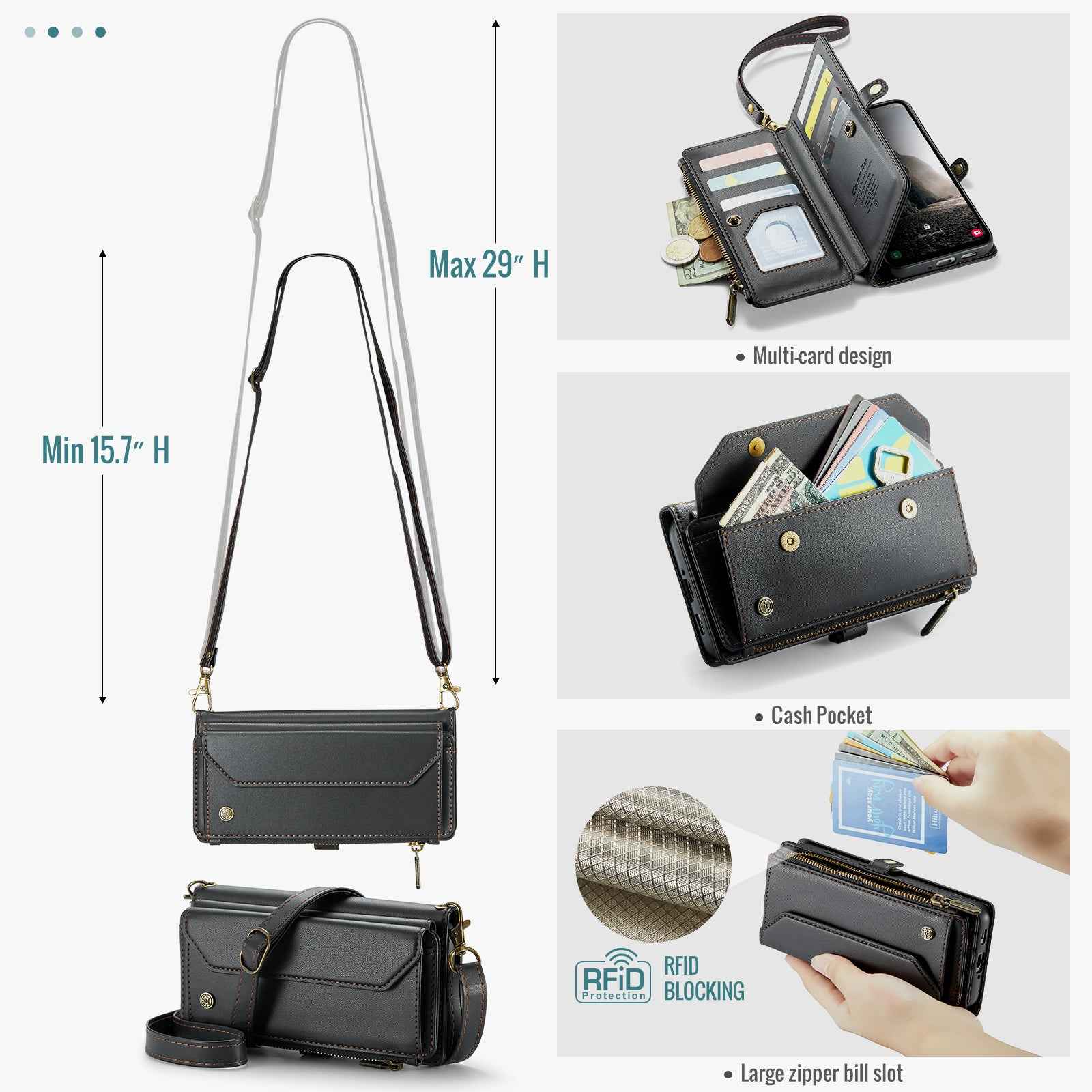 For Samsung Galaxy A57 5G Leather Case CASEME C36 Zipper 10 Card Slots Phone Cover with Straps - Black