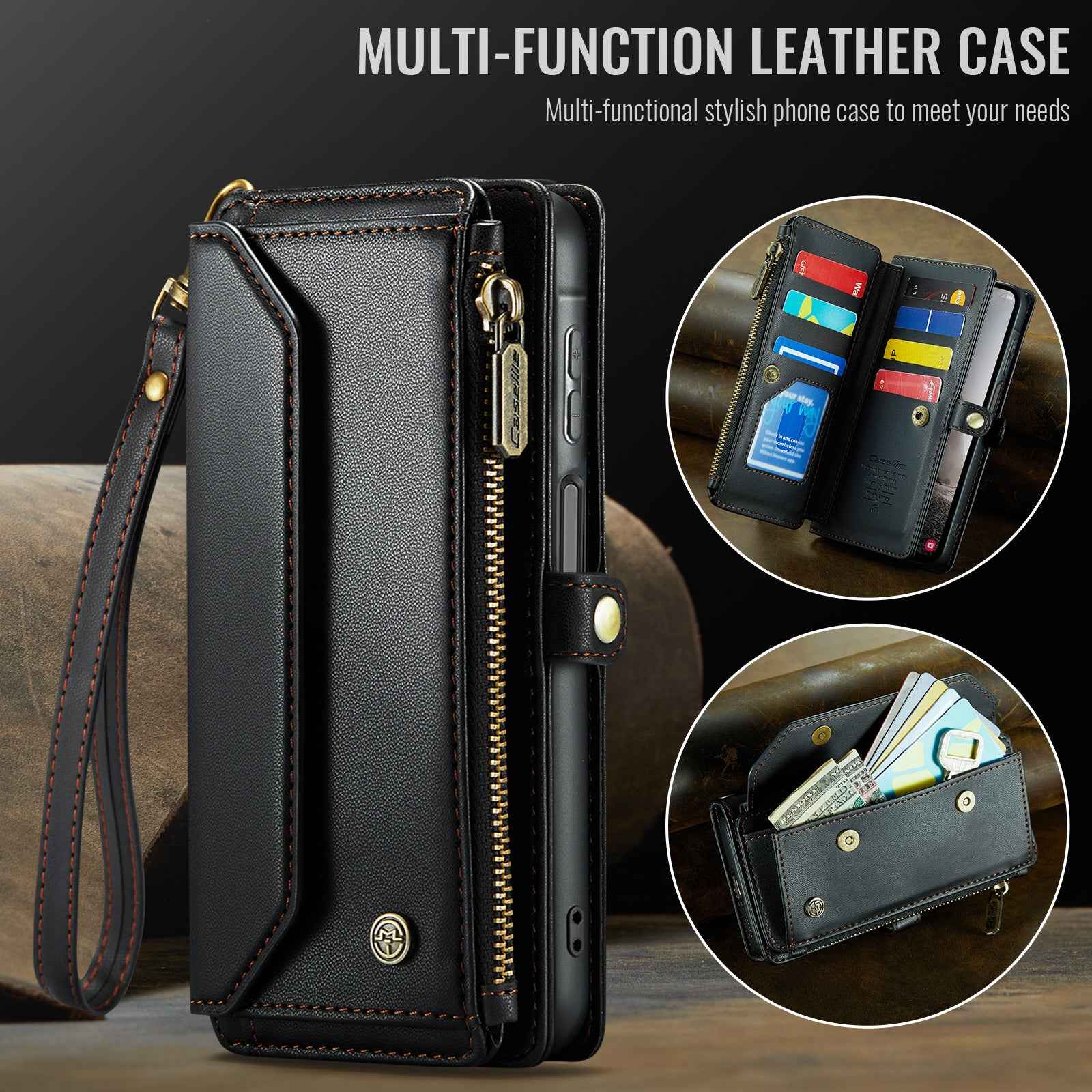 For Samsung Galaxy A57 5G Leather Case CASEME C36 Zipper 10 Card Slots Phone Cover with Straps - Black