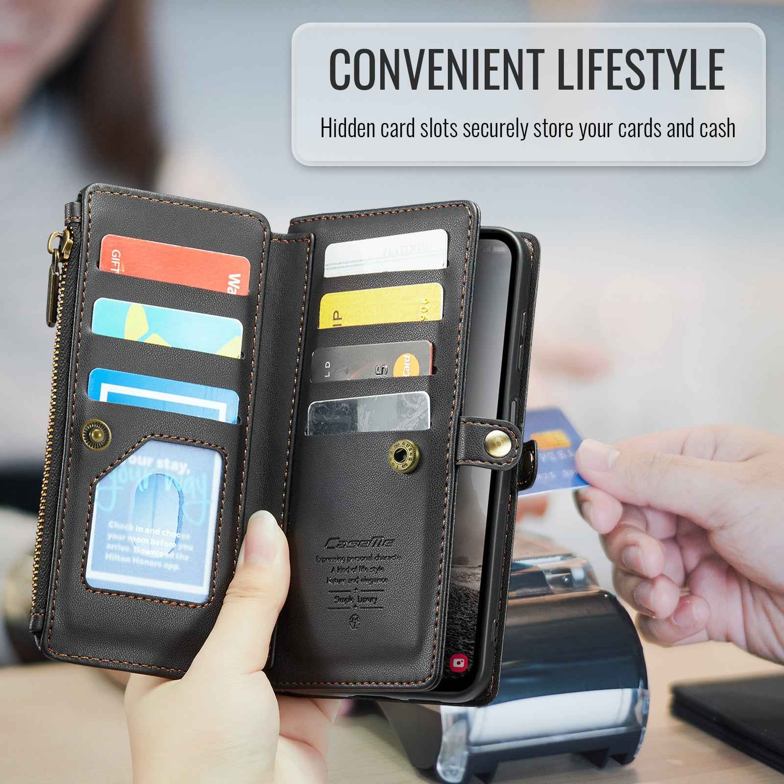 For Samsung Galaxy A57 5G Leather Case CASEME C36 Zipper 10 Card Slots Phone Cover with Straps - Black