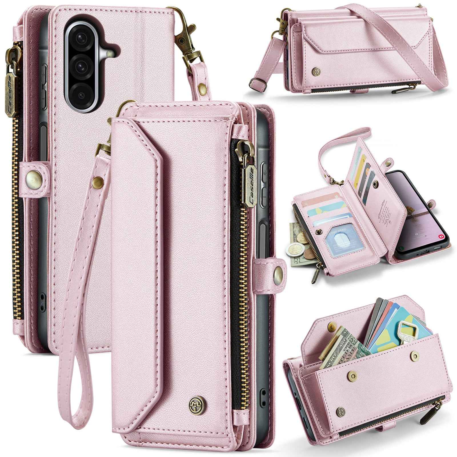 For Samsung Galaxy A57 5G Leather Case CASEME C36 Zipper 10 Card Slots Phone Cover with Straps - Pink