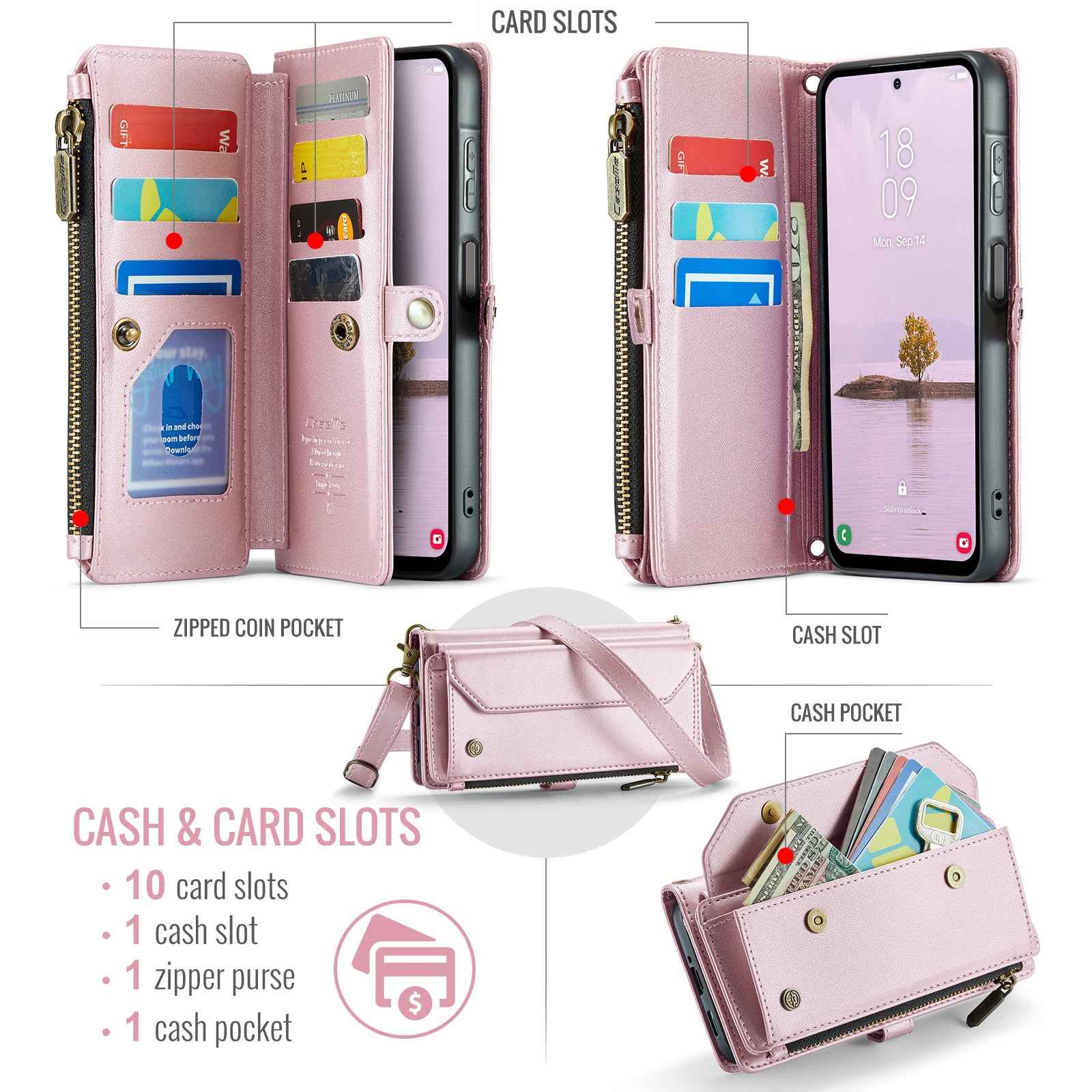 For Samsung Galaxy A57 5G Leather Case CASEME C36 Zipper 10 Card Slots Phone Cover with Straps - Pink
