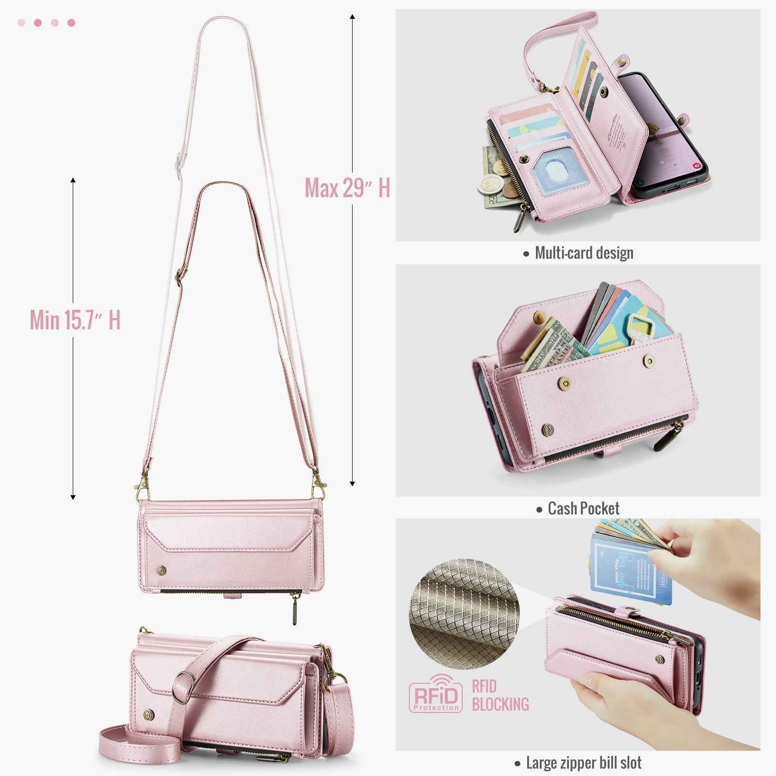 For Samsung Galaxy A57 5G Leather Case CASEME C36 Zipper 10 Card Slots Phone Cover with Straps - Pink