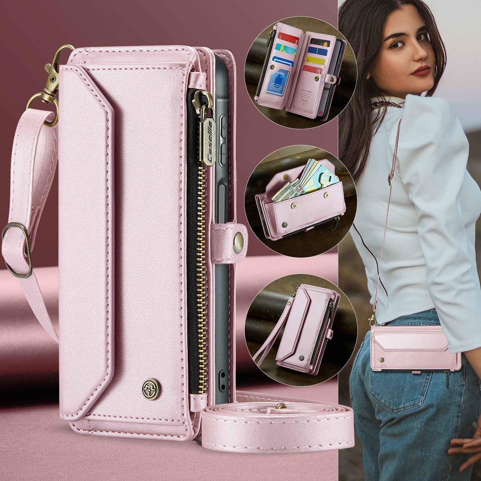 For Samsung Galaxy A57 5G Leather Case CASEME C36 Zipper 10 Card Slots Phone Cover with Straps - Pink