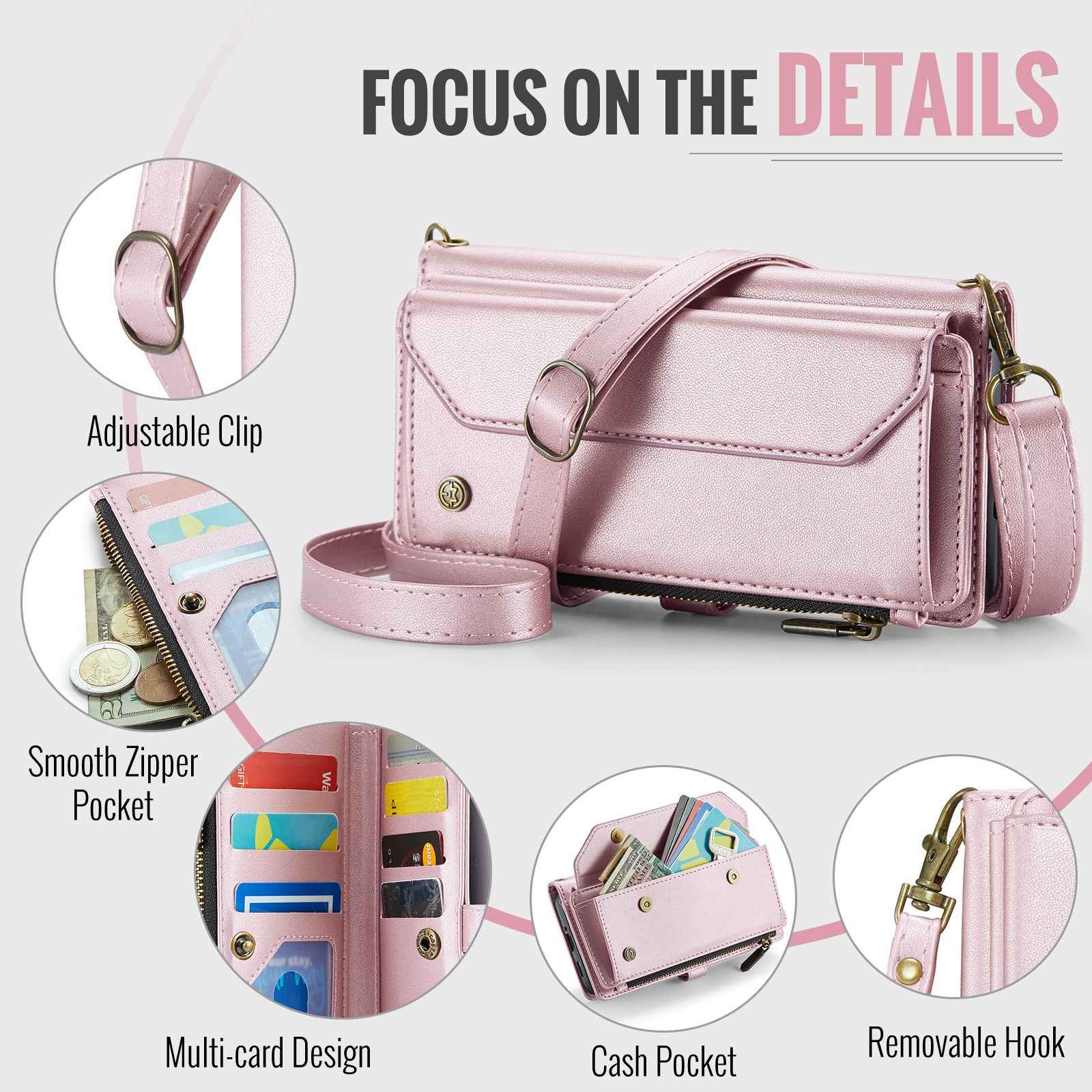 For Samsung Galaxy A57 5G Leather Case CASEME C36 Zipper 10 Card Slots Phone Cover with Straps - Pink