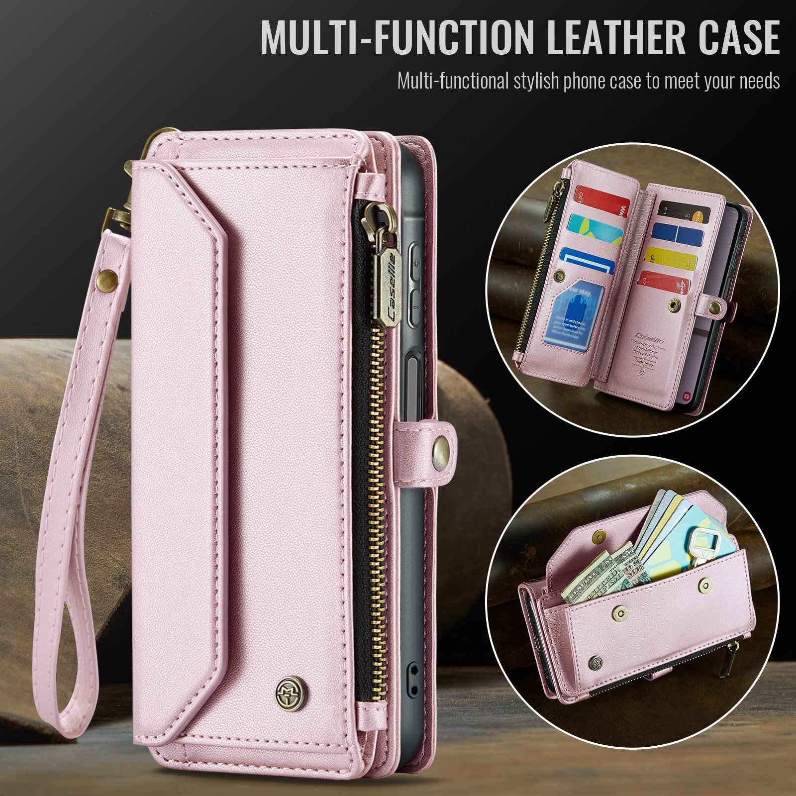For Samsung Galaxy A57 5G Leather Case CASEME C36 Zipper 10 Card Slots Phone Cover with Straps - Pink