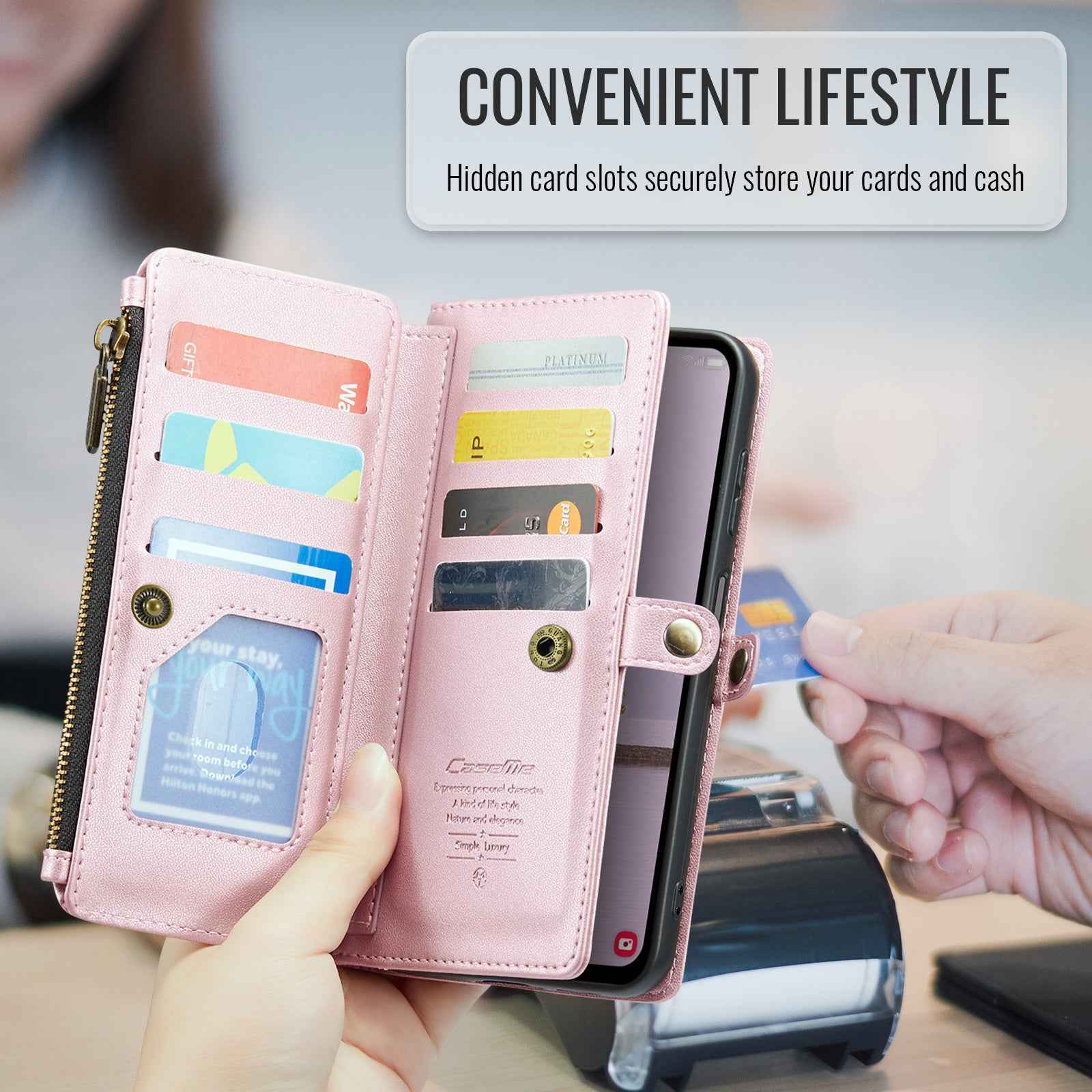 For Samsung Galaxy A57 5G Leather Case CASEME C36 Zipper 10 Card Slots Phone Cover with Straps - Pink