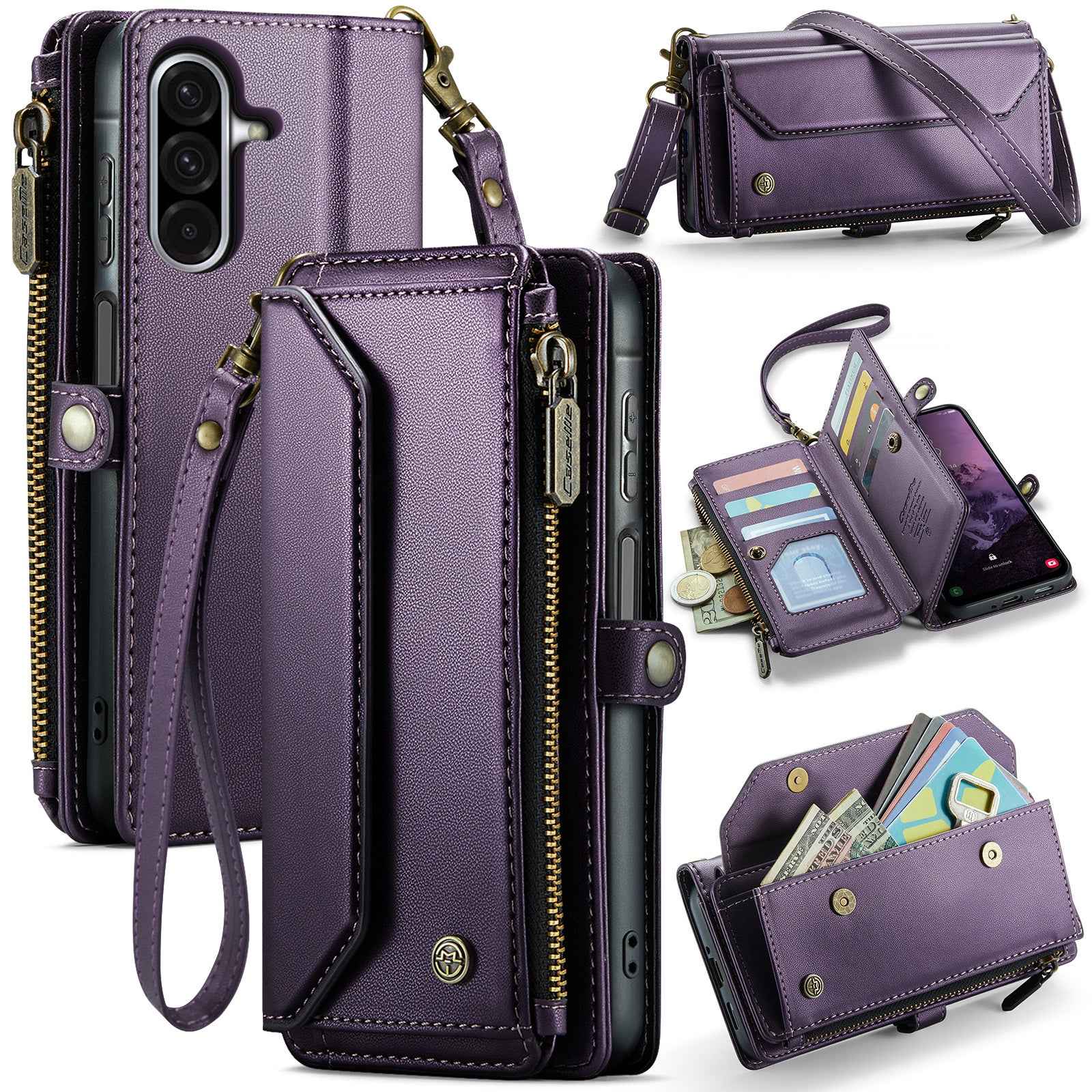 For Samsung Galaxy A57 5G Leather Case CASEME C36 Zipper 10 Card Slots Phone Cover with Straps - Purple