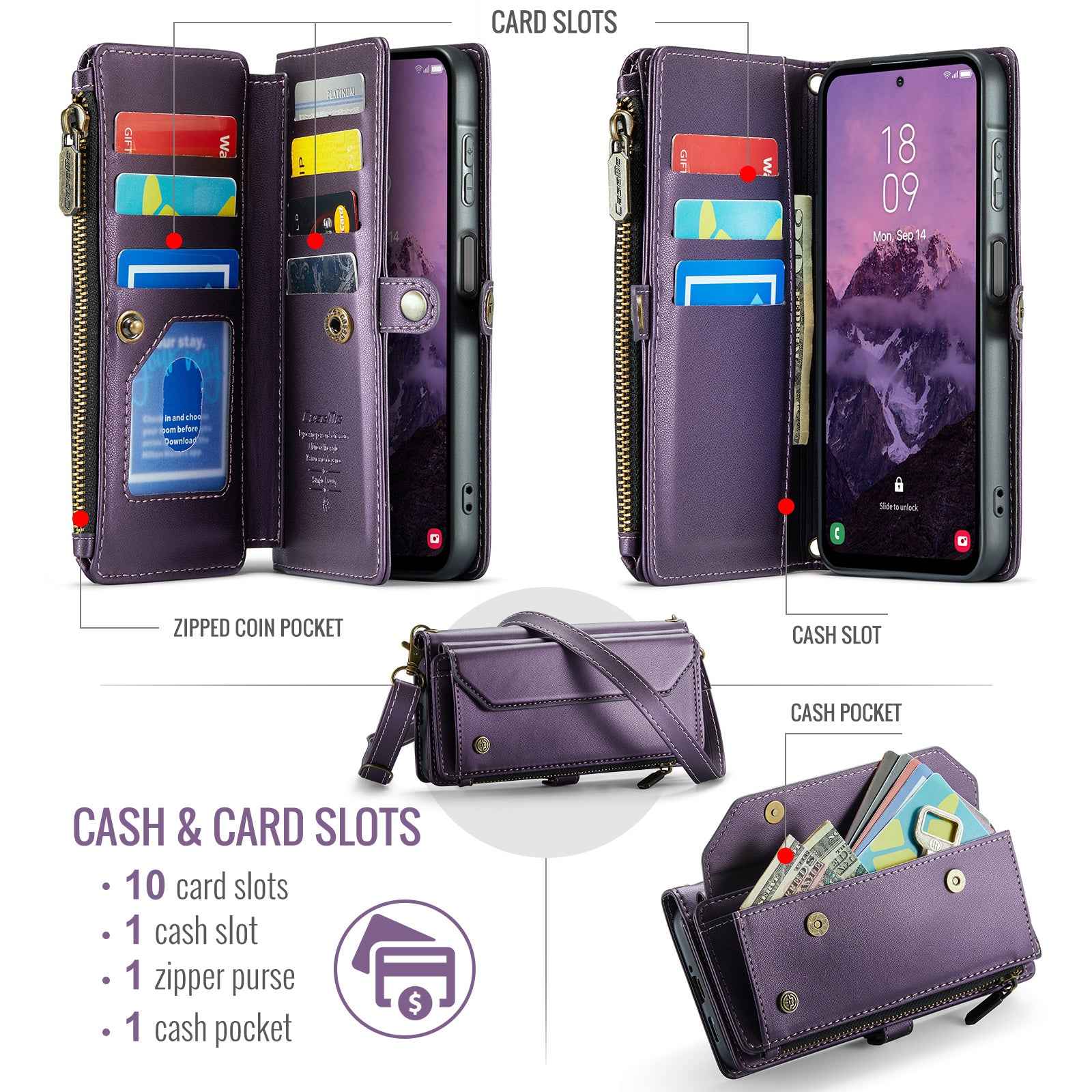 For Samsung Galaxy A57 5G Leather Case CASEME C36 Zipper 10 Card Slots Phone Cover with Straps - Purple