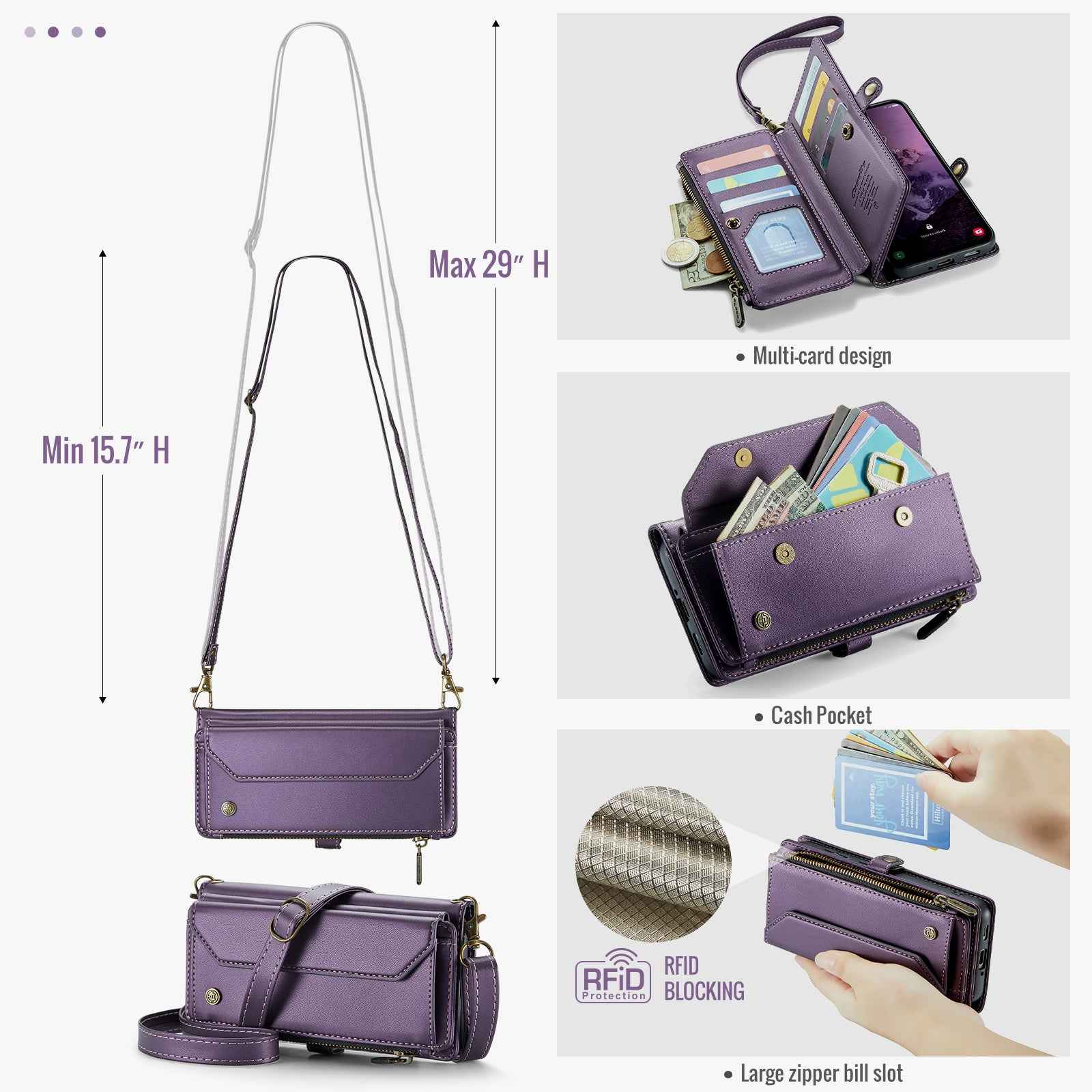 For Samsung Galaxy A57 5G Leather Case CASEME C36 Zipper 10 Card Slots Phone Cover with Straps - Purple