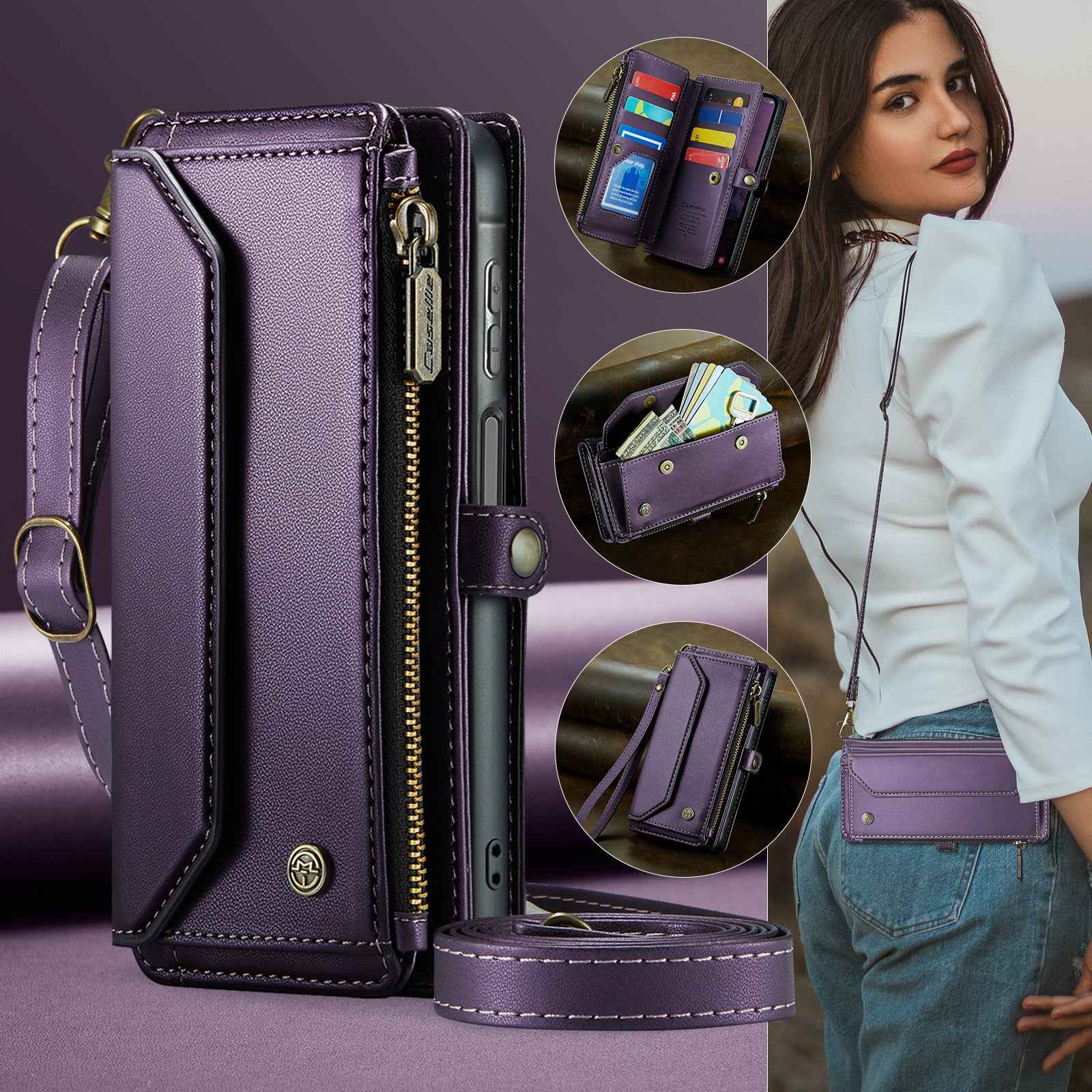 For Samsung Galaxy A57 5G Leather Case CASEME C36 Zipper 10 Card Slots Phone Cover with Straps - Purple