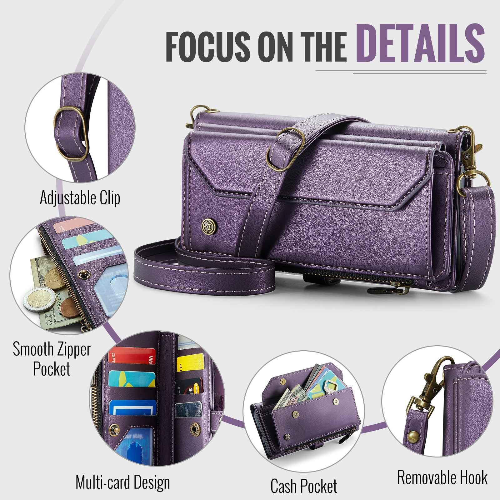 For Samsung Galaxy A57 5G Leather Case CASEME C36 Zipper 10 Card Slots Phone Cover with Straps - Purple