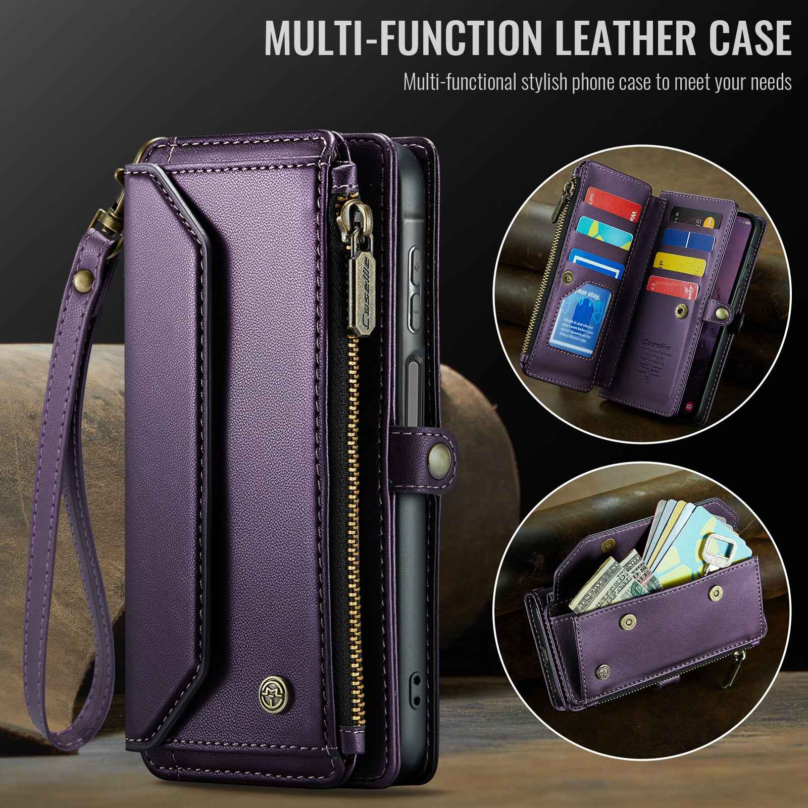 For Samsung Galaxy A57 5G Leather Case CASEME C36 Zipper 10 Card Slots Phone Cover with Straps - Purple