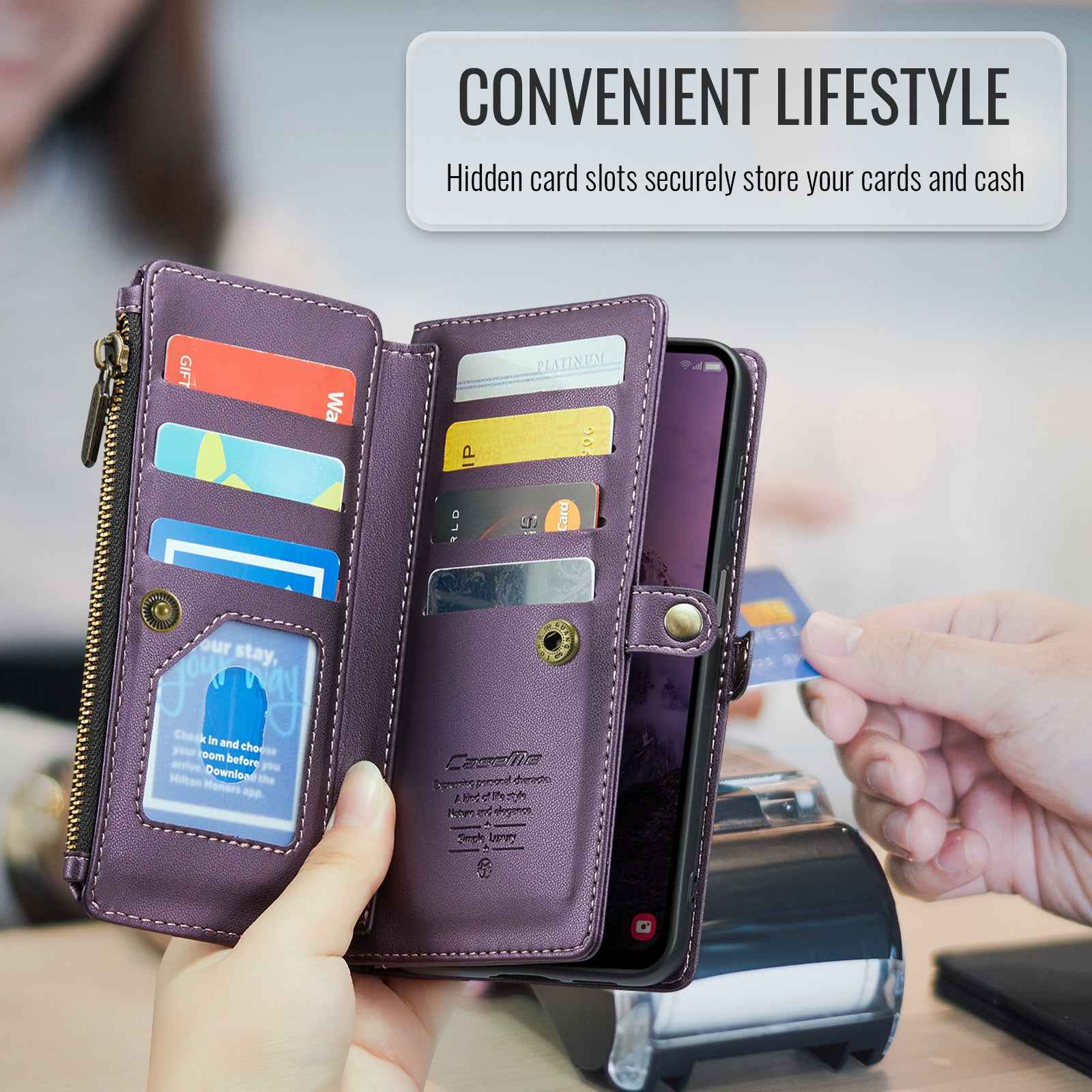 For Samsung Galaxy A57 5G Leather Case CASEME C36 Zipper 10 Card Slots Phone Cover with Straps - Purple