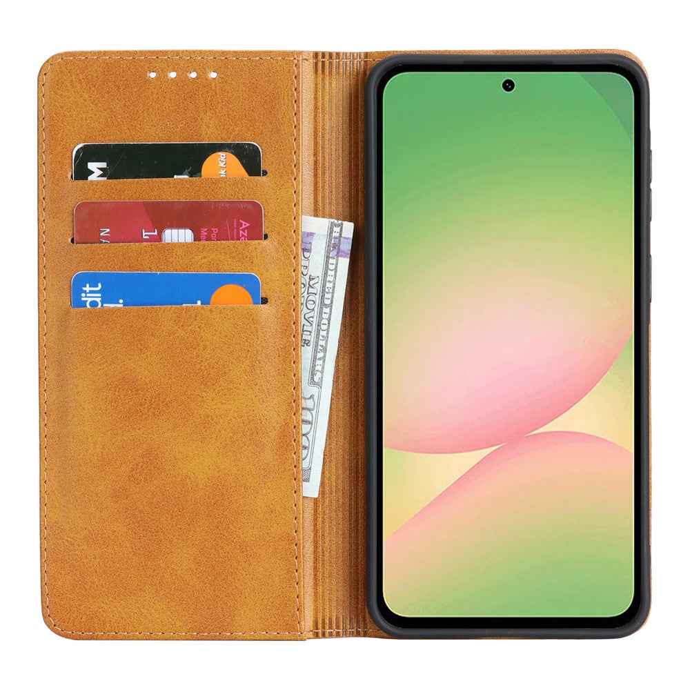 For Samsung Galaxy A57 5G Case PU Leather Calf Textured Magnetic Closing Smart Phone Cover - Light Brown
