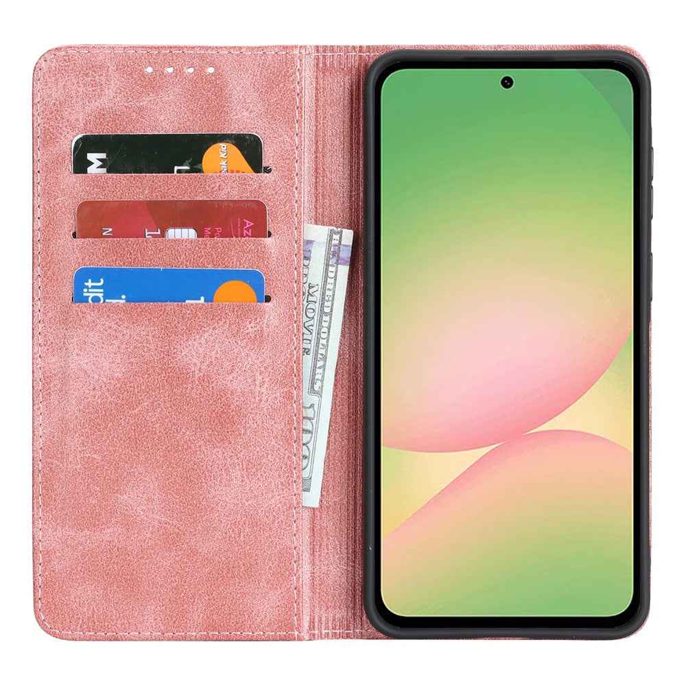 For Samsung Galaxy A57 5G Case PU Leather Calf Textured Magnetic Closing Smart Phone Cover - Rose Gold