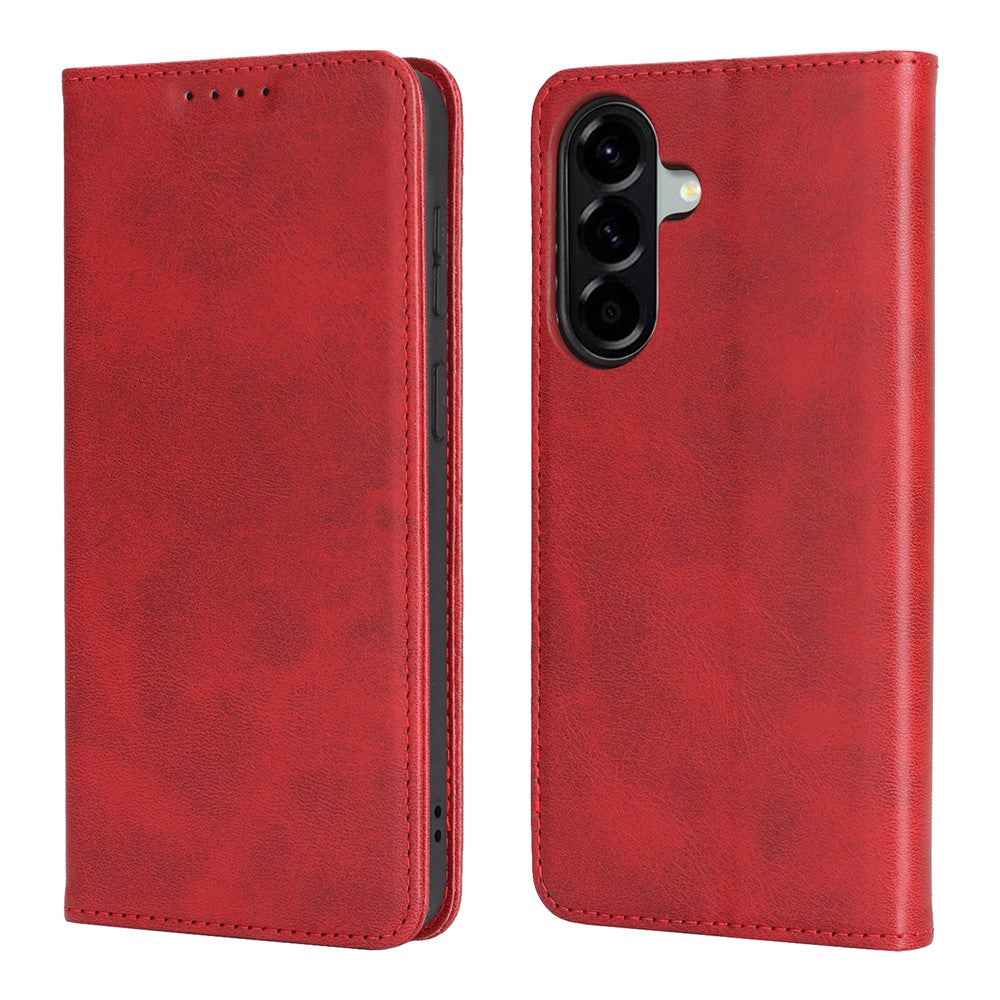 For Samsung Galaxy A57 5G Case PU Leather Calf Textured Magnetic Closing Smart Phone Cover - Red