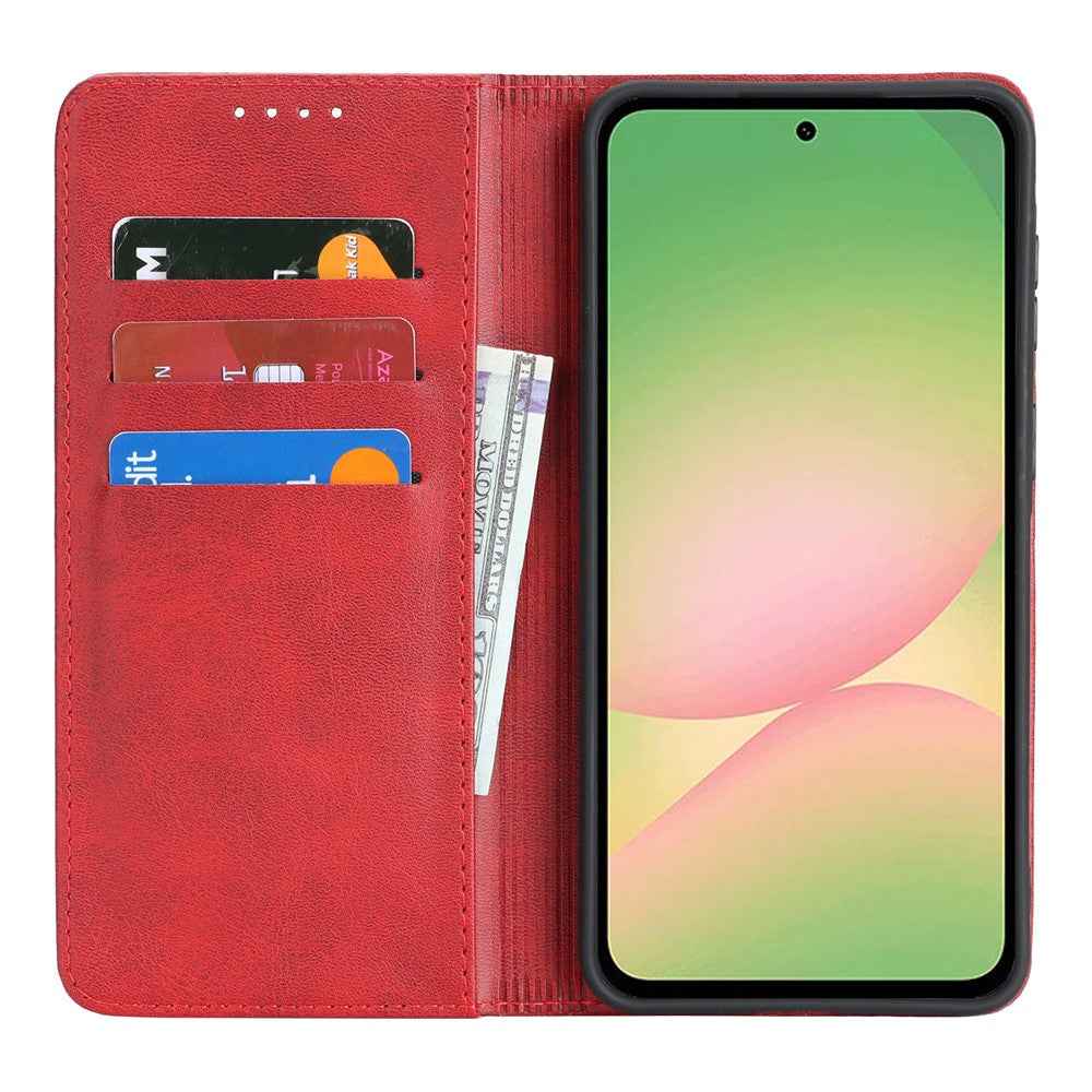 For Samsung Galaxy A57 5G Case PU Leather Calf Textured Magnetic Closing Smart Phone Cover - Red