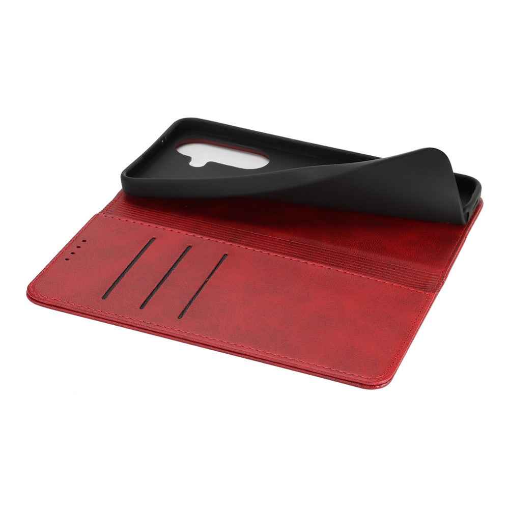 For Samsung Galaxy A57 5G Case PU Leather Calf Textured Magnetic Closing Smart Phone Cover - Red