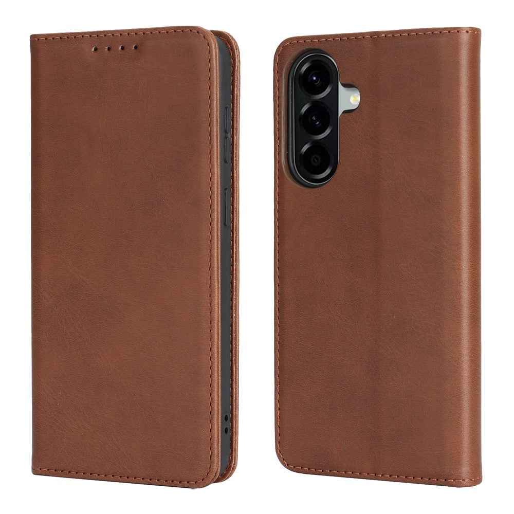 For Samsung Galaxy A57 5G Case PU Leather Calf Textured Magnetic Closing Smart Phone Cover - Dark Brown