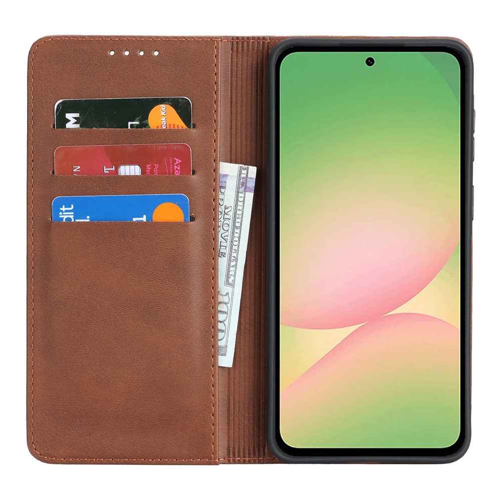 For Samsung Galaxy A57 5G Case PU Leather Calf Textured Magnetic Closing Smart Phone Cover - Dark Brown