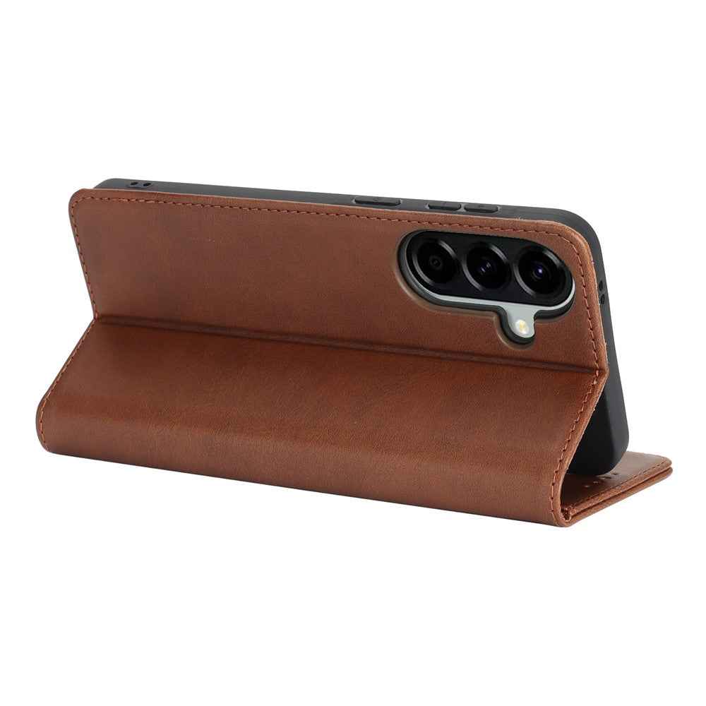For Samsung Galaxy A57 5G Case PU Leather Calf Textured Magnetic Closing Smart Phone Cover - Dark Brown