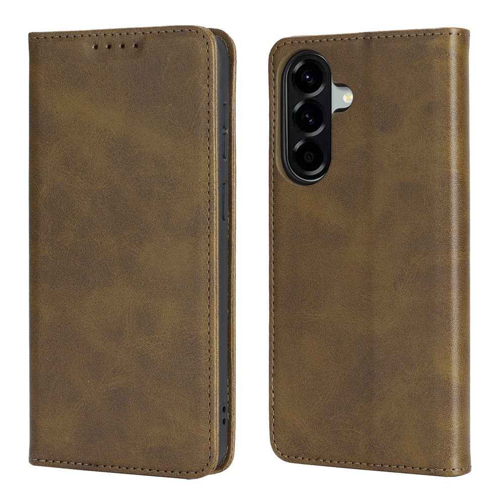 For Samsung Galaxy A57 5G Case PU Leather Calf Textured Magnetic Closing Smart Phone Cover - Dark Green